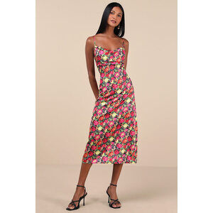 Lulus Favorite Icon Black Multi Floral Satin Cowl Neck Slip Midi Dress - Size L